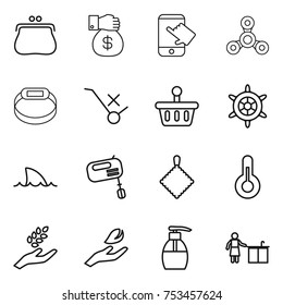 thin line icon set : purse, money gift, touch, spinner, smart bracelet, do not trolley sign, basket, handwheel, shark flipper, mixer, rag, thermometer, harvest, hand leaf, liquid soap
