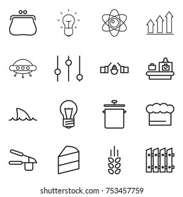 thin line icon set : purse, bulb, atom, graph up, ufo, equalizer, drawbridge, baggage checking, shark flipper, pan, chief hat, garlic clasp, cake, spikelets, fence