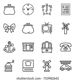 thin line icon set : purse, clock, alarm, abacus, bow, tv, windmill, anchor, wardrobe, dresser, phone, hand mill, cooking book, car wash