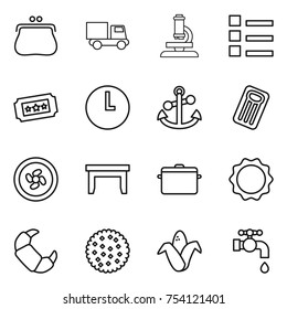 thin line icon set : purse, truck, microscope, list, ticket, clock, anchor, inflatable mattress, cooler fan, table, pan, induction oven, croissant, cookies, corn, water tap
