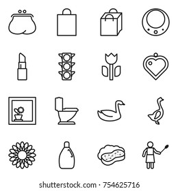 thin line icon set : purse, shopping bag, necklace, lipstick, traffic light, perishable, heart pendant, flower in window, toilet, goose, cleanser, sponge with foam, woman duster