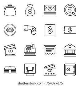 thin line icon set : purse, money bag, dollar arrow, crypto currency, hand coin, receipt, credit card, cashbox, atm, library, safe
