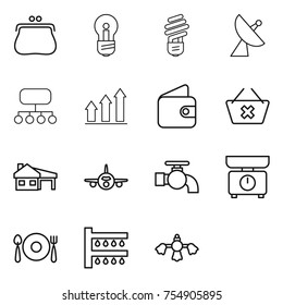 thin line icon set : purse, bulb, satellite antenna, structure, graph up, wallet, delete cart, house with garage, plane, water tap, kitchen scales, fork spoon plate, watering