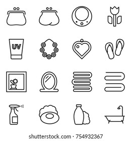 thin line icon set : purse, necklace, perishable, uv cream, hawaiian wreath, heart pendant, flip flops, flower in window, mirror, towels, towel, sprayer, soap, shampoo, bath