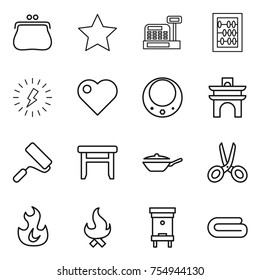 thin line icon set : purse, star, cashbox, abacus, lightning, heart, necklace, arch, repair, stool, pan, scissors, fire, hive, towel
