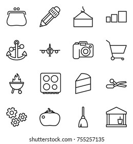 thin line icon set : purse, pencil, loading crane, sorting, anchor, plane, camera, cart, bbq, hob, cake, scissors, gears, tomato, broom, utility room