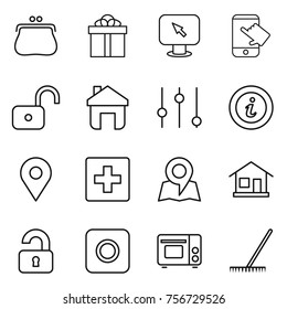 thin line icon set : purse, gift, monitor arrow, touch, unlock, home, equalizer, info, geo pin, first aid, map, unlocked, ring button, grill oven, rake