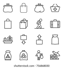 Thin line icon set : purse, shopping bag, add to basket, tourist, suitcase, baggage checking, get, flour, fertilizer, garbage, trash, construct