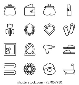 Thin line icon set : purse, wallet, lipstick, perishable, hawaiian wreath, heart pendant, flip flops, flower in window, mirror, hair dryer, slippers, towel, soap, bath