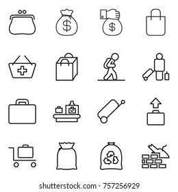 Thin line icon set : purse, money bag, gift, shopping, add to basket, tourist, passenger, suitcase, baggage checking, trolley, flour, garbage, construct Thin line icon set : purse, money bag, gift, shopping, add to basket, tourist, passenger, suitcase, baggage checking, trolley, flour, garbage, construct