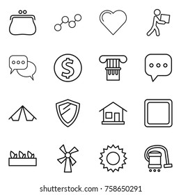 Thin line icon set : purse, graph, heart, courier, discussion, dollar coin, column, sms, tent, shield, home, cutting board, seedling, windmill, sun, vacuum cleaner