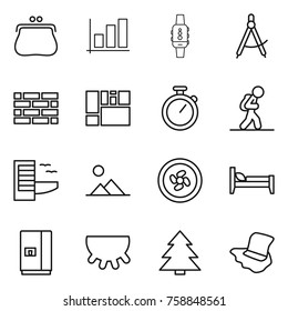 Thin line icon set : purse, graph, smart watch, draw compass, brick wall, consolidated cargo, stopwatch, tourist, hotel, landscape, cooler fan, bed, fridge, udder, spruce, floor washing
