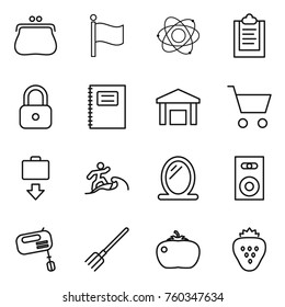 Thin line icon set : purse, flag, atom, clipboard, lock, copybook, warehouse, cart, baggage get, surfer, mirror, speaker, mixer, fork, tomato, strawberry