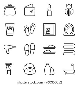 Thin line icon set : purse, wallet, lipstick, perishable, uv cream, flip flops, flower in window, mirror, hair dryer, slippers, towel, sprayer, soap, shampoo, bath
