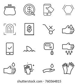 Thin line icon set : purse, dollar arrow, touch, hex molecule, fingerprint, tax, do not trolley sign, acid, mobile checking, shark flipper, mixer, sow, hand drop, wiping, and, gloves