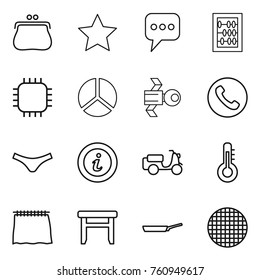 Thin line icon set : purse, star, message, abacus, chip, diagram, satellite, phone, underpants, info, scooter shipping, thermometer, curtain, stool, pan, sieve
