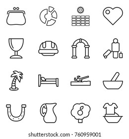 Thin line icon set : purse, circle diagram, sun power, heart, wineglass, building helmet, arch, passenger, palm, bed, soil cutter, mortar, horseshoe, jug, garden, handle washing