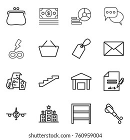 Thin line icon set : purse, money, diagram, discussion, infinity power, basket, label, mail, modern architecture, stairs, warehouse, inventory, plane, hotel, rack, blower