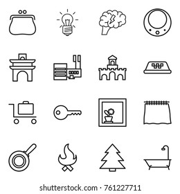 Thin line icon set : purse, bulb, brain, necklace, arch, mall, fort, taxi, baggage trolley, key, flower in window, curtain, pan, fire, spruce, bath