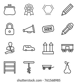 Thin line icon set : purse, medal, hex molecule, pencil, lock, loudspeaker, ticket, client, car shipping, cargo top sign, railroad, rack, corkscrew, trailer, pear