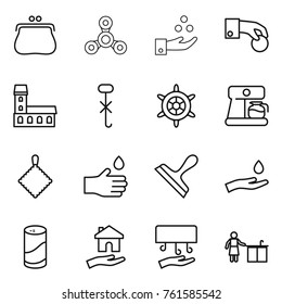 Thin line icon set : purse, spinner, chemical industry, hand coin, mansion, do not hook sign, handwheel, coffee maker, rag, drop, scraper, and, cleanser powder, housing, dryer, kitchen cleaning