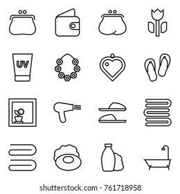Thin line icon set : purse, wallet, perishable, uv cream, hawaiian wreath, heart pendant, flip flops, flower in window, hair dryer, slippers, towels, towel, soap, shampoo, bath
