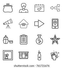 Thin line icon set : purse, woman, calendar, core splitting, telescope, wireless home, right arrow, mobile location, port, clipboard, chemical, starfish, flower in window, wardrobe, vegetable oil