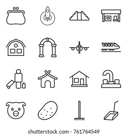 Thin line icon set : purse, rocket, pyramid, gas station, house, arch, plane, train, passenger, bungalow, home, water tap, pig, potato, rake, scoop