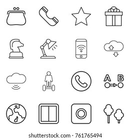 Thin line icon set : purse, phone, star, gift, chess horse, table lamp, wireless, cloude service, cloud, hoverboard, route a to b, earth, power switch, ring button, trees