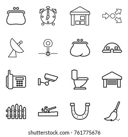 Thin line icon set : purse, alarm clock, warehouse, core splitting, satellite antenna, laser, dome house, phone, surveillance, toilet, garage, fence, soil cutter, horseshoe, broom