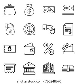 Thin line icon set : purse, money bag, gift, dollar arrow, hand coin, account balance, receipt, wallet, percent, cashbox, atm, library, office