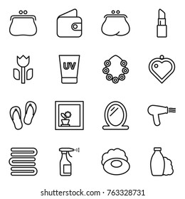 Thin line icon set : purse, wallet, lipstick, perishable, uv cream, hawaiian wreath, heart pendant, flip flops, flower in window, mirror, hair dryer, towels, sprayer, soap, shampoo