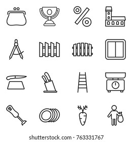 Thin line icon set : purse, trophy, percent, mansion, draw compass, fence, power switch, cutting board, stands for knives, stairs, kitchen scales, blender, plates, carrot, trash