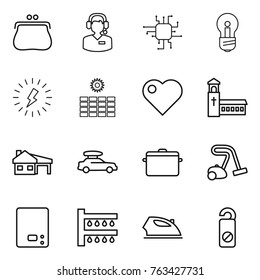 Thin line icon set : purse, call center, chip, bulb, lightning, sun power, heart, church, house with garage, car baggage, pan, vacuum cleaner, kitchen scales, watering, iron, do not distrub