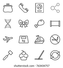 Thin line icon set : purse, phone, annual report, molecule, dna, bow, chicken leg, fence, plane, heavy, sail boat, no smoking, meat hammer, cupcake, rake, reload