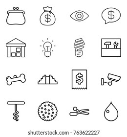Thin line icon set : purse, money bag, eye, message, warehouse, bulb, tools, bone, pyramid, tax, surveillance, corkscrew, cookies, scissors, drop