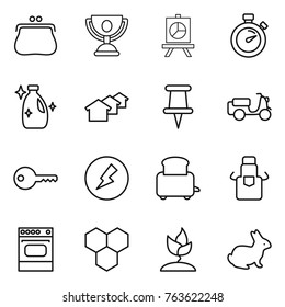 Thin line icon set : purse, trophy, presentation, stopwatch, cleanser, houses, pin, scooter shipping, key, electricity, toaster, apron, oven, honeycombs, sprouting, rabbit