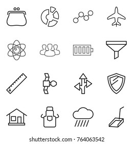 Thin line icon set : purse, circle diagram, graph, plane, atom, group, battery, funnel, ruler, satellite, route, shield, home, apron, rain cloud, scoop
