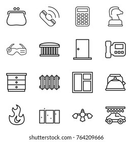 Thin line icon set : purse, call, calculator, chess horse, smart glasses, airport building, door, intercome, chest of drawers, radiator, window, kettle, fire, clean, hard reach place cleaning
