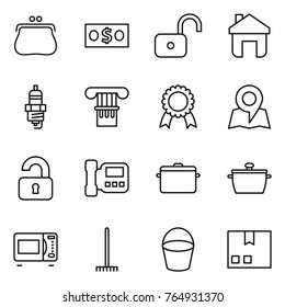 Thin line icon set : purse, money, unlock, home, spark plug, column, medal, map, unlocked, intercome, pan, microwave oven, rake, bucket, package