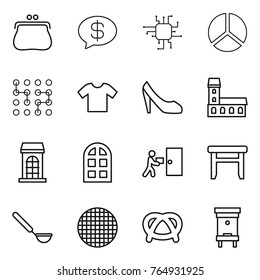 Thin line icon set : purse, money message, chip, diagram, t shirt, shoes, mansion, building, arch window, courier delivery, stool, ladle, sieve, pretzel, hive