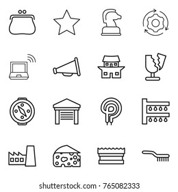 Thin line icon set : purse, star, chess horse, around gear, notebook wireless, loudspeaker, japanese house, broken, compass, garage, elecric oven, watering, factory, cheese, sponge, brush