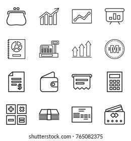 Thin line icon set : purse, diagram, statistics, presentation, annual report, cashbox, graph up, crypto currency, account balance, wallet, atm receipt, calculator, money, invoice, credit card