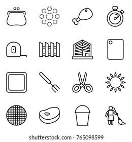 Thin line icon set : purse, round around, chicken leg, stopwatch, measuring tape, fence, office, cutting board, big fork, scissors, gas oven, sieve, steake, bucket, brooming