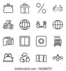 Thin line icon set : purse, gift, percent, smart glasses, modern architecture, globe, route a to b, camera, power switch, ring button, radiator, kettle, recycling, clean window