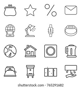 Thin line icon set : purse, star, percent, mail, notebook globe, table lamp, smart watch, bracelet, earth, home, ring button, kettle, hive, clean window, hand dryer