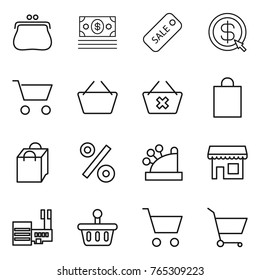 Thin line icon set : purse, money, sale, dollar arrow, cart, basket, delete, shopping bag, percent, cashbox, shop, mall