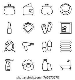 Thin line icon set : purse, wallet, necklace, lipstick, heart pendant, flip flops, flower in window, mirror, hair dryer, slippers, towels, sprayer, soap, shampoo, bath