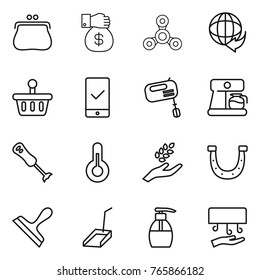Thin line icon set : purse, money gift, spinner, delivery, basket, mobile checking, mixer, coffee maker, blender, thermometer, harvest, horseshoe, scraper, scoop, liquid soap, hand dryer