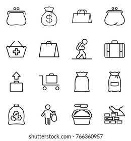 Thin line icon set : purse, money bag, shopping, add to basket, tourist, suitcase, baggage, trolley, flour, garbage, trash, washing powder, construct